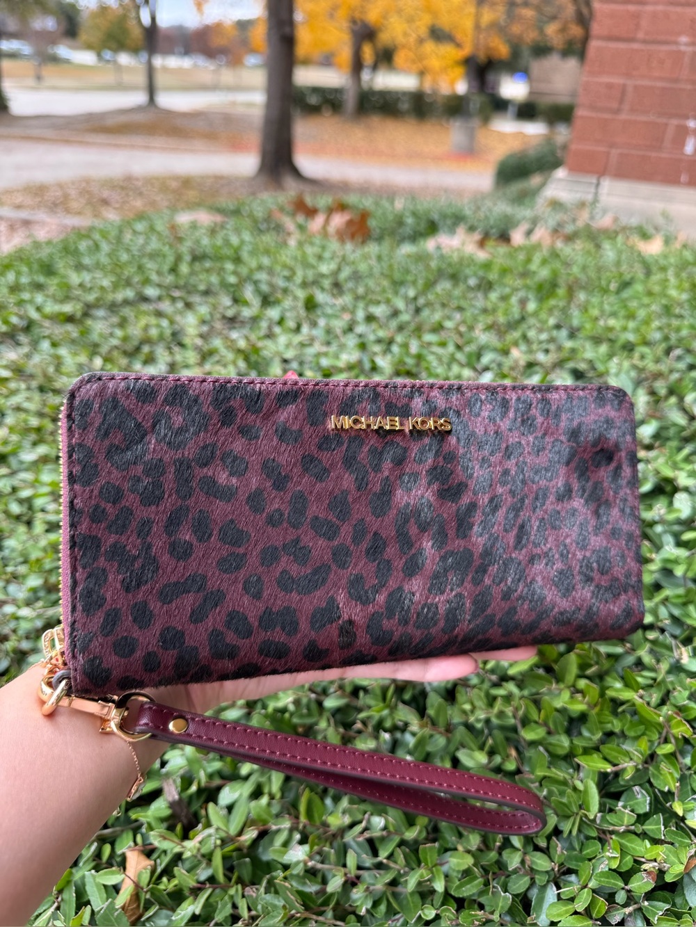Michael Kors Burgundy Leopard Zip-Around Wristlet Wallet